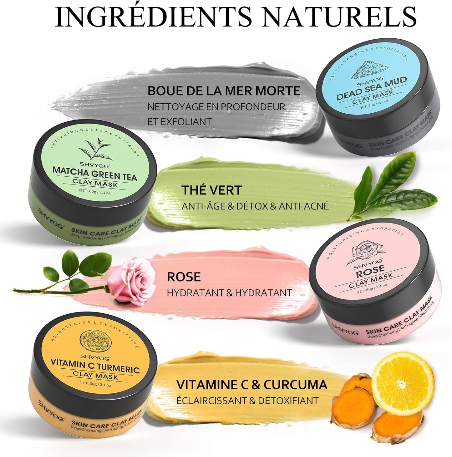 Kit Masque Détox Visage: Curcuma, Thé Vert & Argile Rose – Nettoyage Profond & Éclat Instantané !