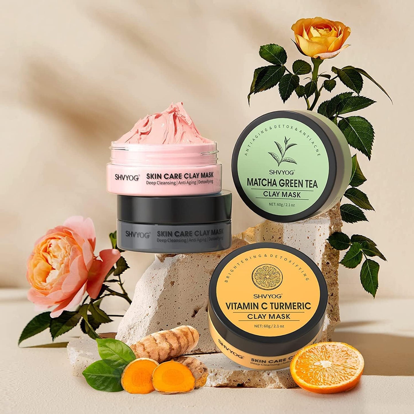 Kit Masque Détox Visage: Curcuma, Thé Vert & Argile Rose – Nettoyage Profond & Éclat Instantané !