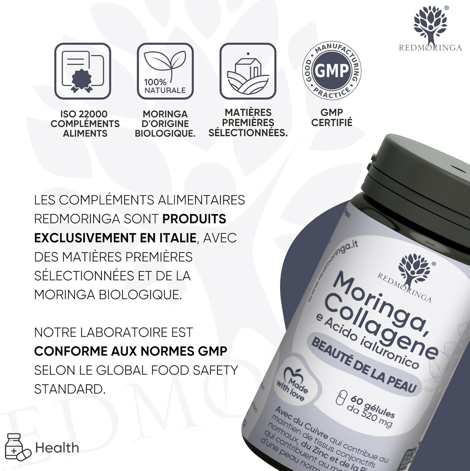 Collagène Et Acide Hyaluronique Avec Cuivre, Zinc, Biotine, Vitamine A,B2,B3,C, Moringa Bio 