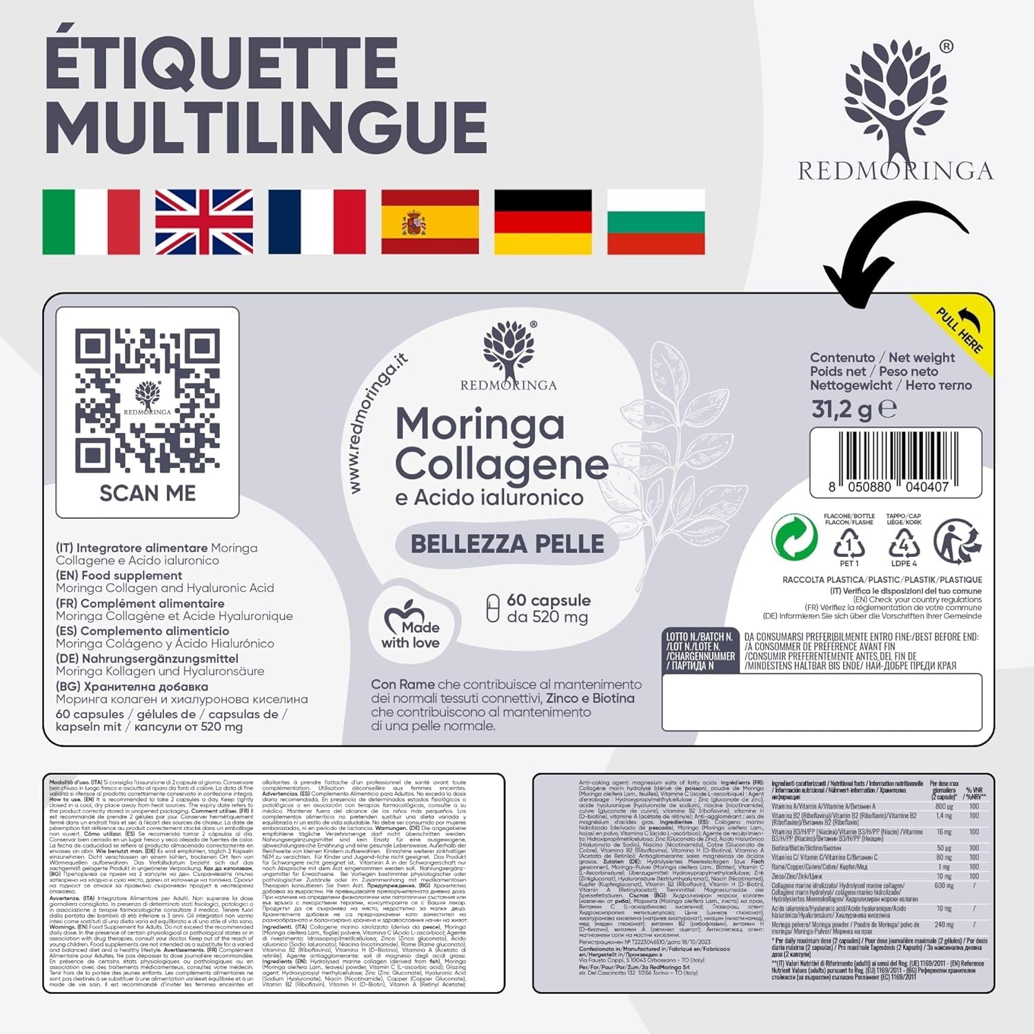 Collagène Et Acide Hyaluronique Avec Cuivre, Zinc, Biotine, Vitamine A,B2,B3,C, Moringa Bio 