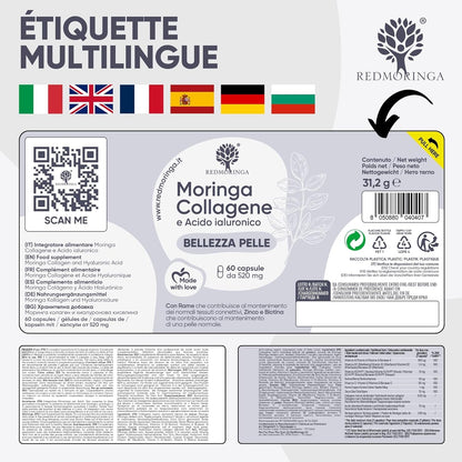 Collagène Et Acide Hyaluronique Avec Cuivre, Zinc, Biotine, Vitamine A,B2,B3,C, Moringa Bio 