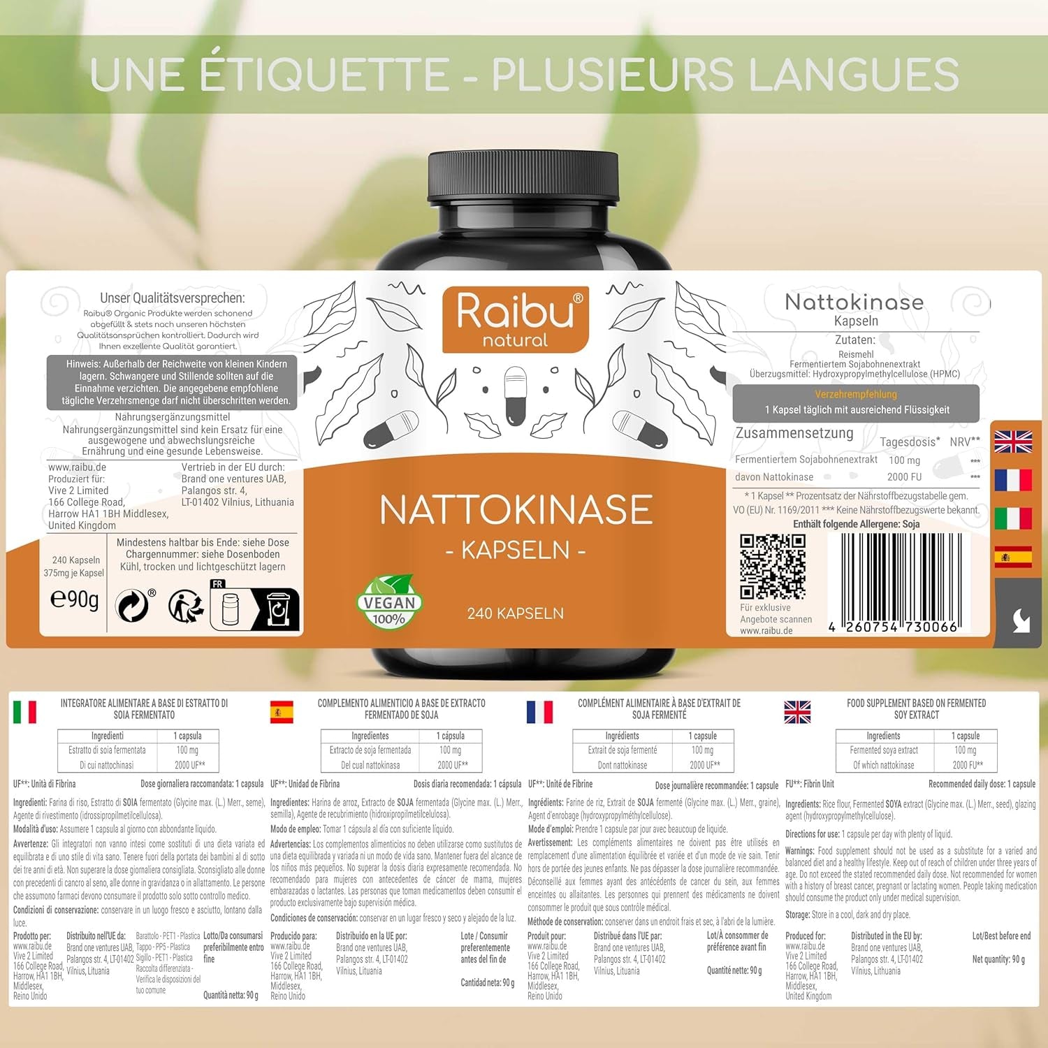 Nattokinase 100 mg (20 000 FU) - Formule Vegan Haute Puissance avec 240 Gélules Sans Additifs pour un Soutien Optimal de la Santé