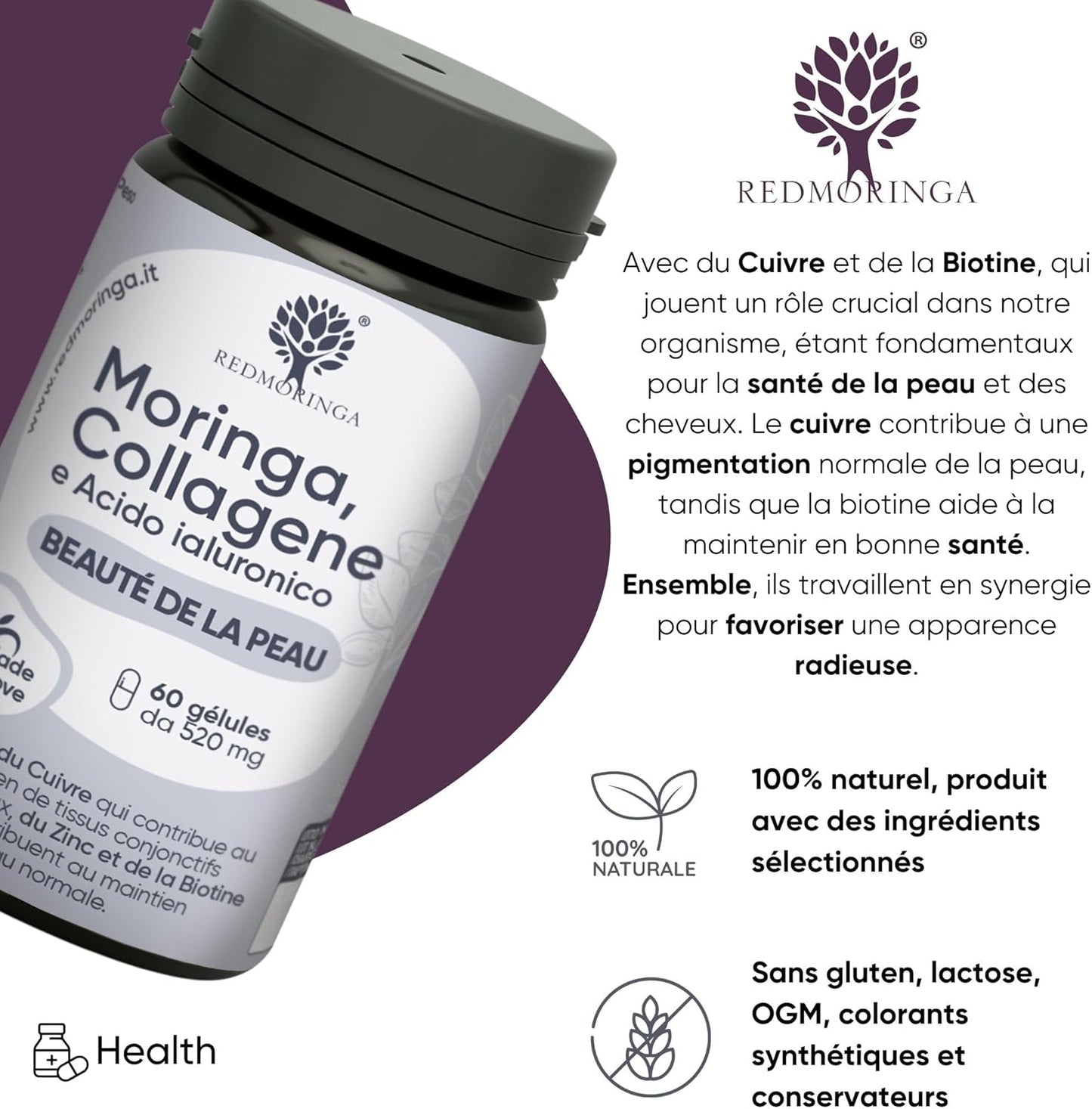 Collagène Et Acide Hyaluronique Avec Cuivre, Zinc, Biotine, Vitamine A,B2,B3,C, Moringa Bio 