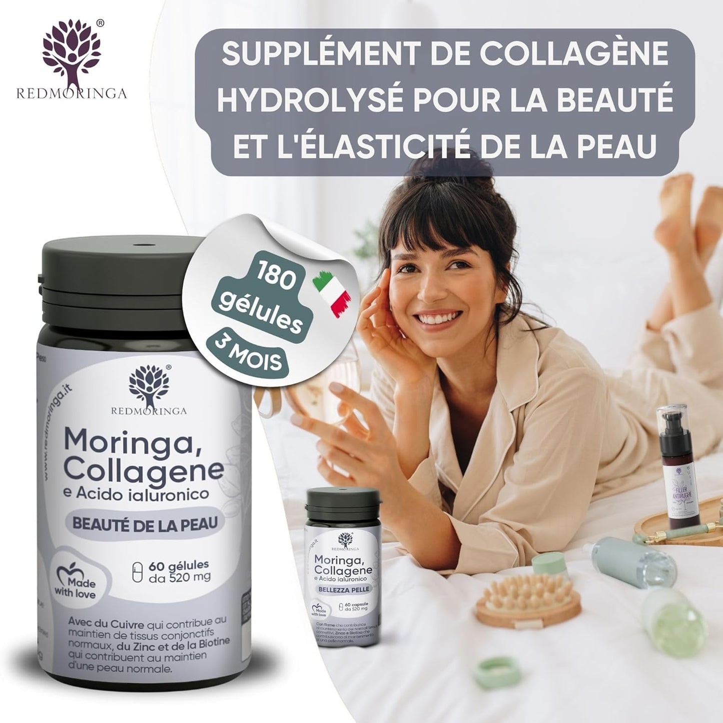 Collagène Et Acide Hyaluronique Avec Cuivre, Zinc, Biotine, Vitamine A,B2,B3,C, Moringa Bio 