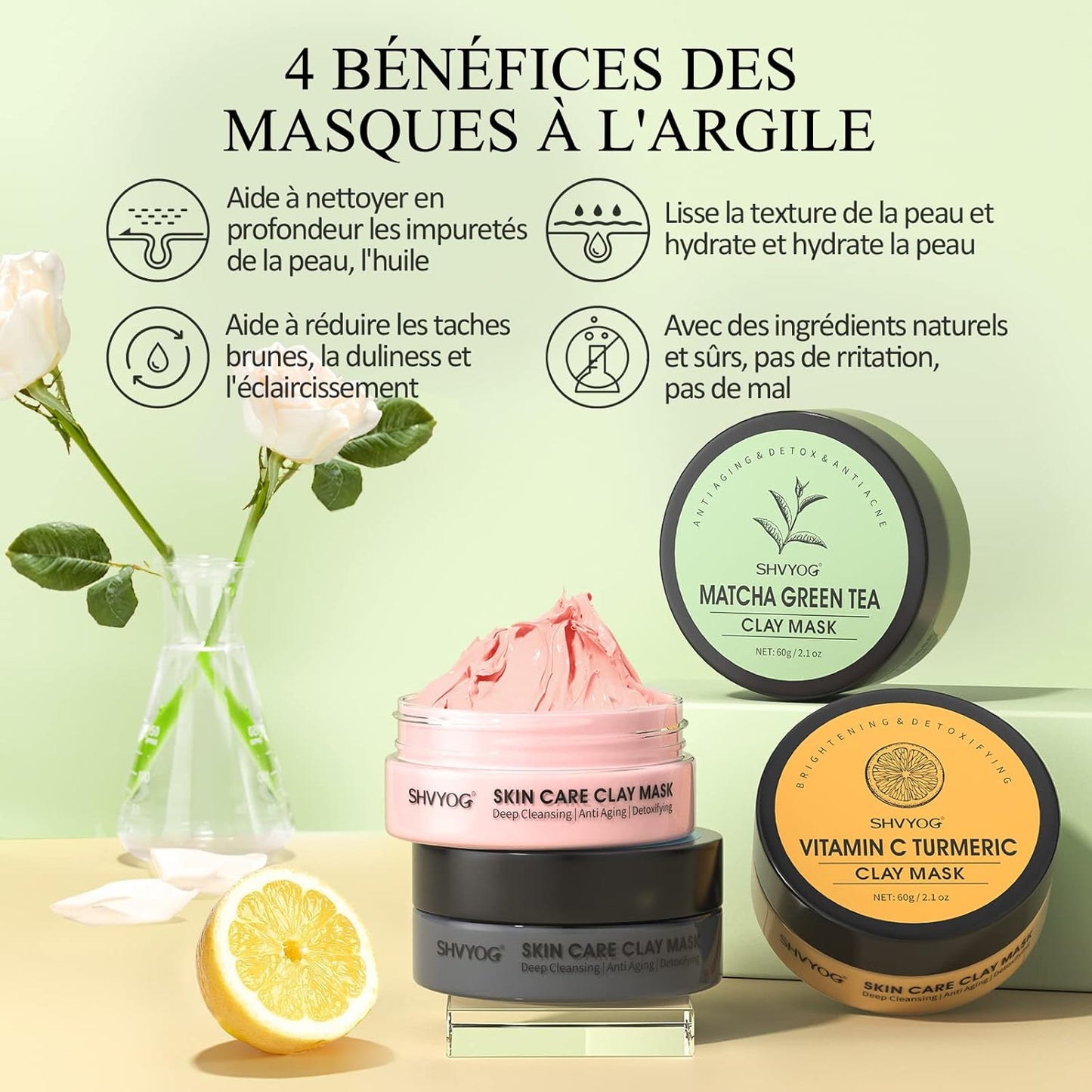 Kit Masque Détox Visage: Curcuma, Thé Vert & Argile Rose – Nettoyage Profond & Éclat Instantané !